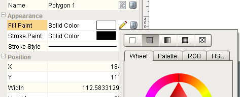 The paint editor popup Editing a shape's fill paint using the dropdown editor.
